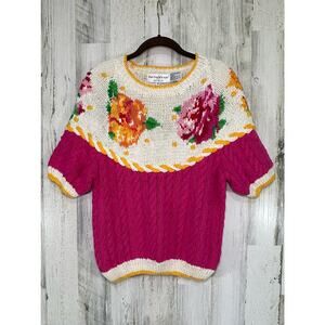 The Eagles Eye Sweater Medium Short Sleeve Rose Floral Cableknit 1991 Vintage